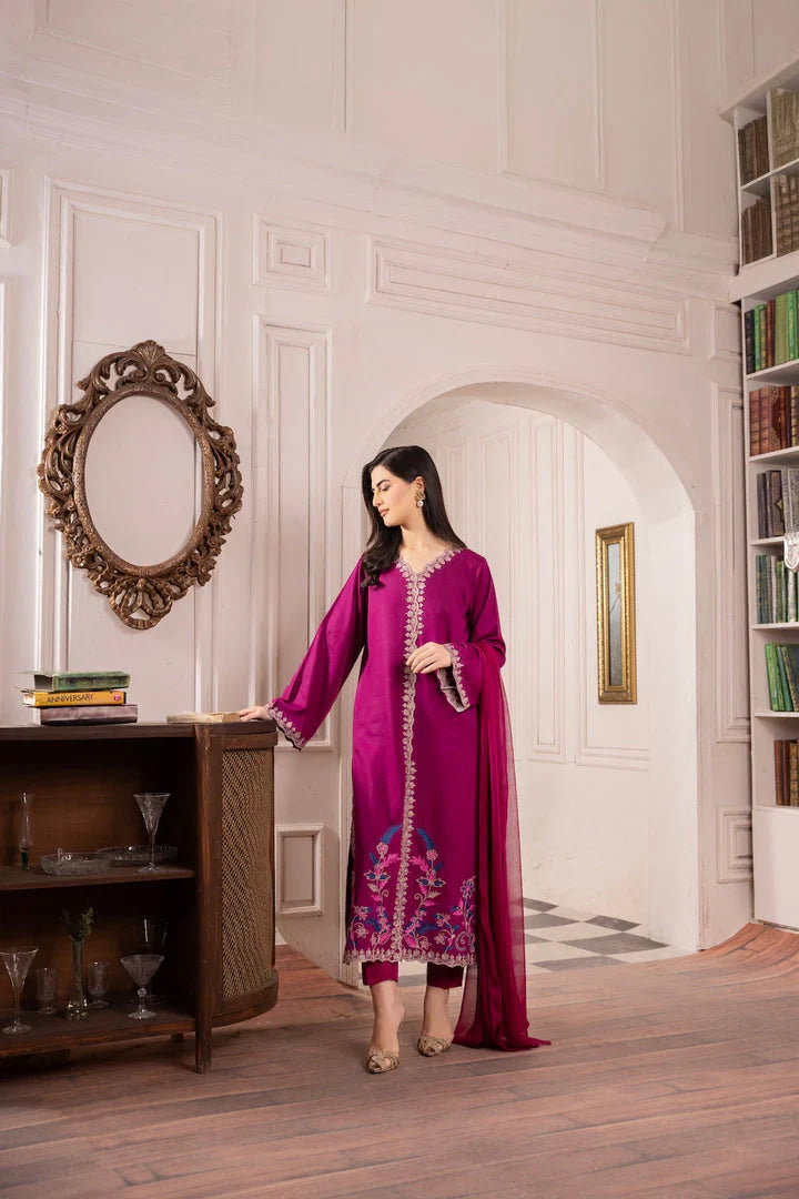 Asim Jofa-Lawn 3pc Embroidered Shirt With Bamber Chiffon Dupatta & Trouser-D-3567