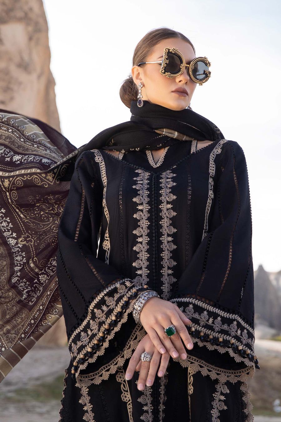 Maria B - 3PC Unstitched Dhanak Embroidered Shirt with Printed Wool Shawl and Trouser