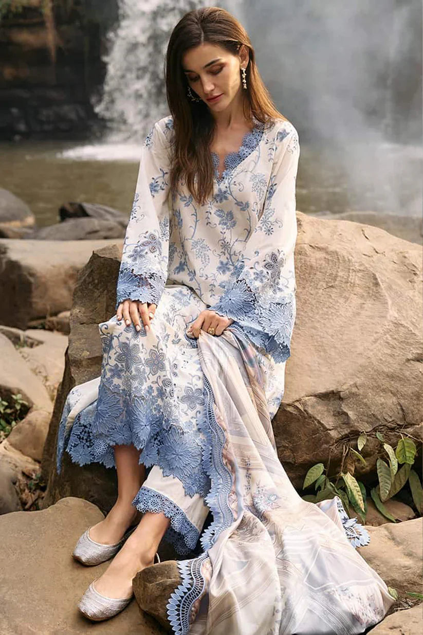 IMAGE-3PC LAWN EMBROIDERED SHIRT WITH MONARK PRINT DUPATTA & LAWN TROUSER-D-3597
