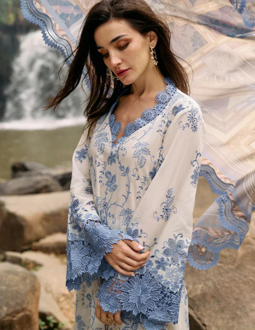 IMAGE-3PC LAWN EMBROIDERED SHIRT WITH MONARK PRINT DUPATTA & LAWN TROUSER-D-3597