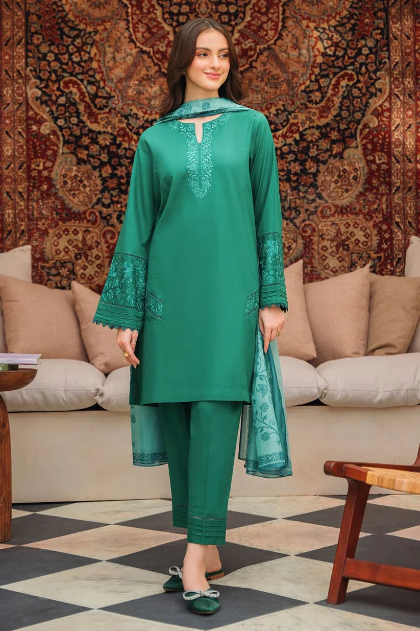 ZIVA-3PC LAWN EMBROIDERED SHIRT WITH MONARK PRINTED DUPATTA AND TROUSER-D-3539