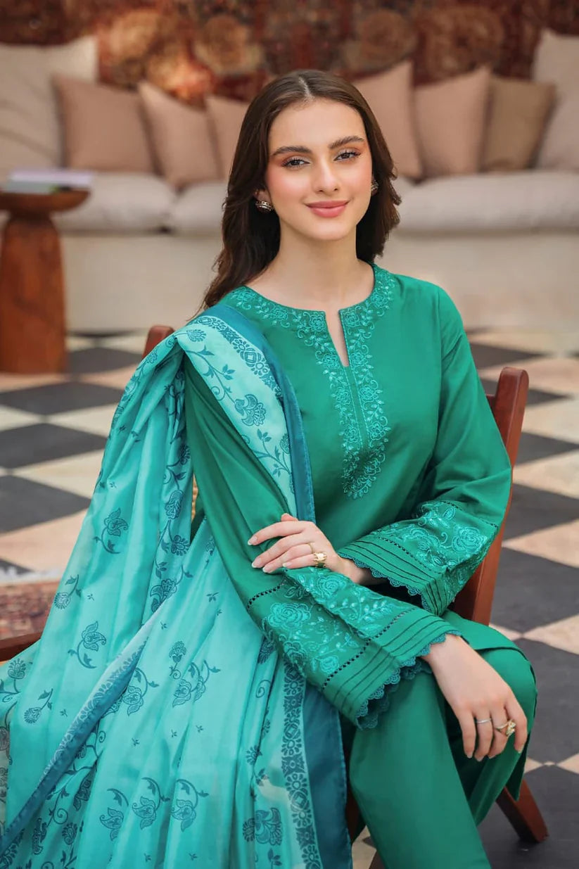 ZIVA-3PC LAWN EMBROIDERED SHIRT WITH MONARK PRINTED DUPATTA AND TROUSER-D-3539