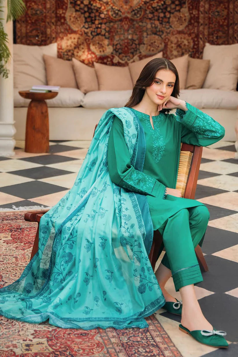 ZIVA-3PC LAWN EMBROIDERED SHIRT WITH MONARK PRINTED DUPATTA AND TROUSER-D-3539