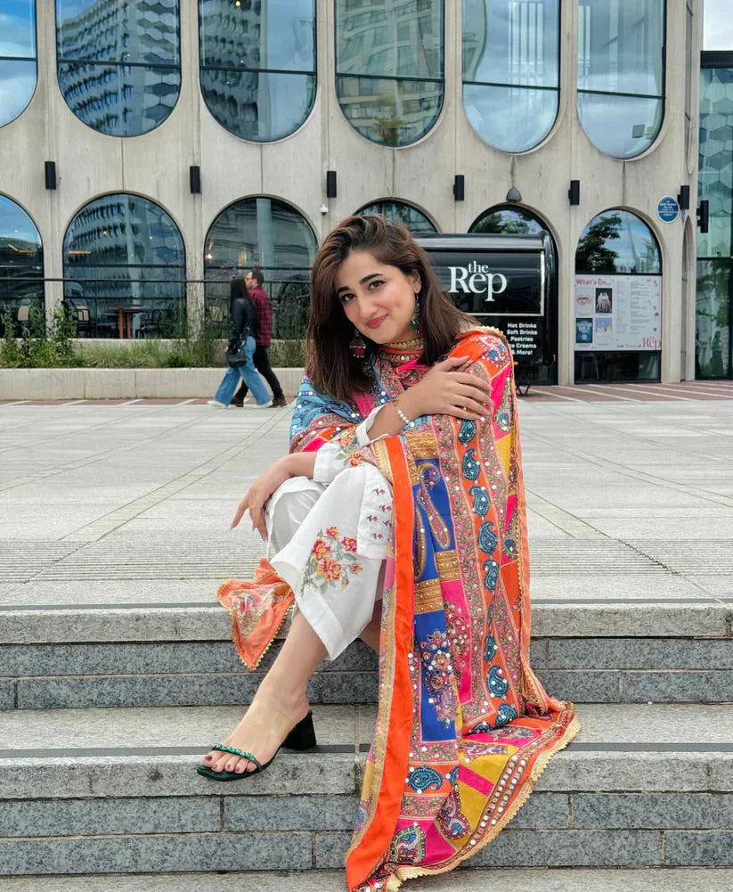 NIMRA MEHRA-3PC LAWN EMBROIDERED SHIRT WITH MONARK PRINTED DUPATTA & EMB TROUSER-D-3624