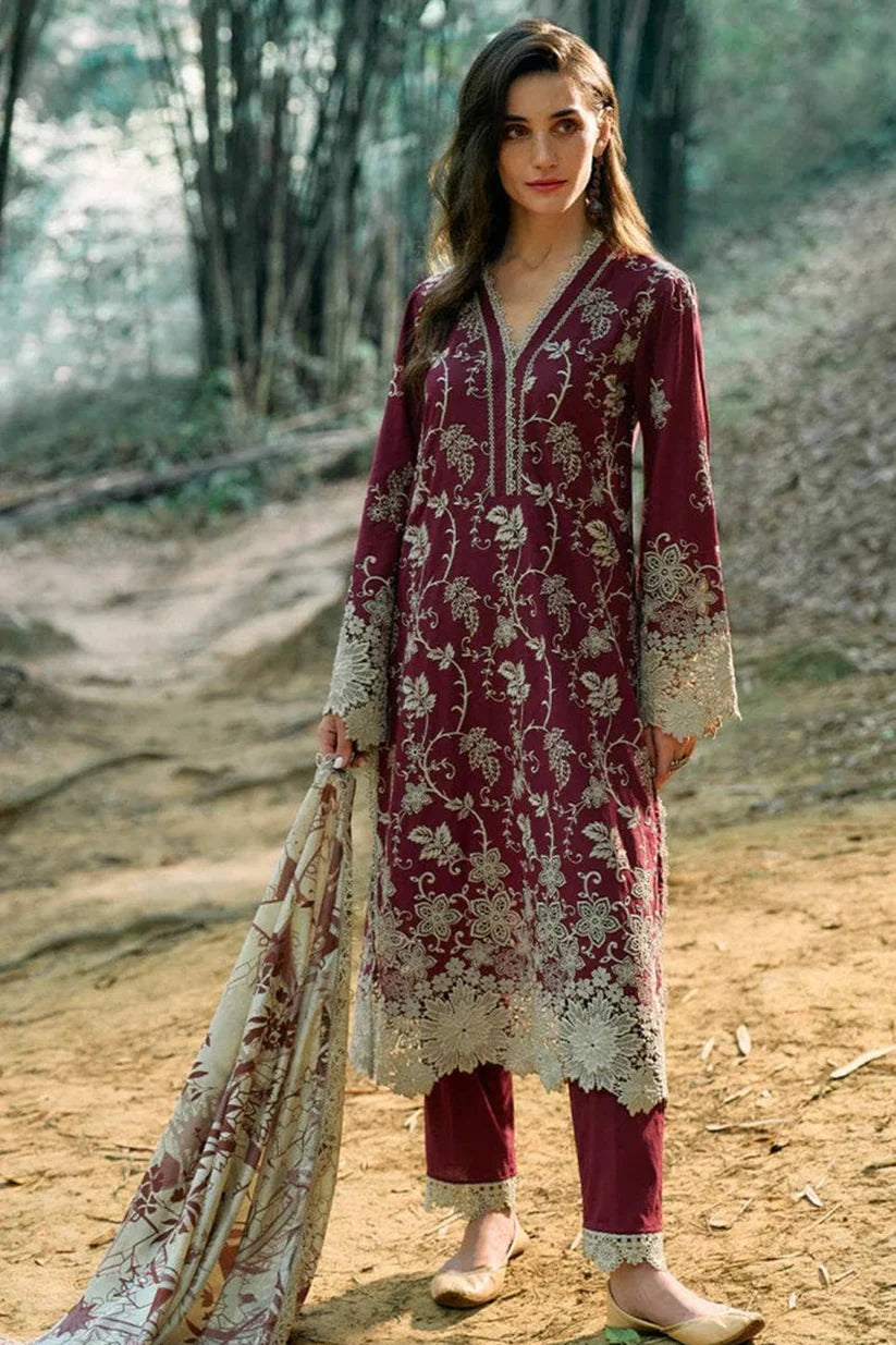 IMAGE-3PC LAWN EMBROIDERED SHIRT WITH MONARK PRINTED DUPATTA & TROUSER-D-3598