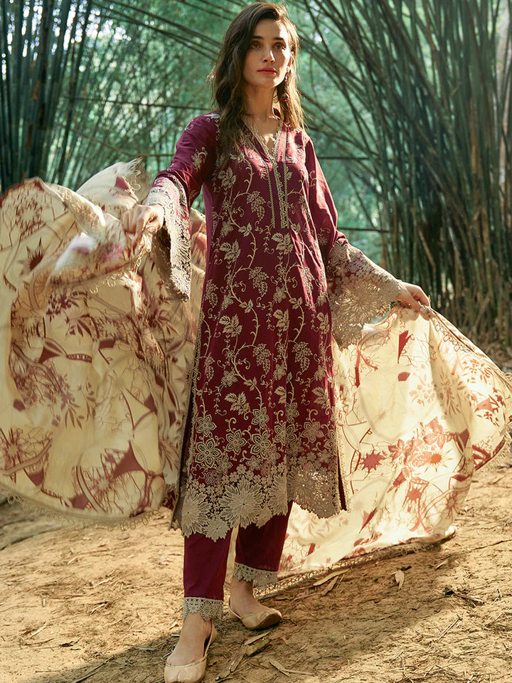 IMAGE-3PC LAWN EMBROIDERED SHIRT WITH MONARK PRINTED DUPATTA & TROUSER-D-3598