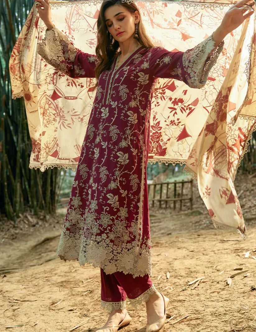 IMAGE-3PC LAWN EMBROIDERED SHIRT WITH MONARK PRINTED DUPATTA & TROUSER-D-3598
