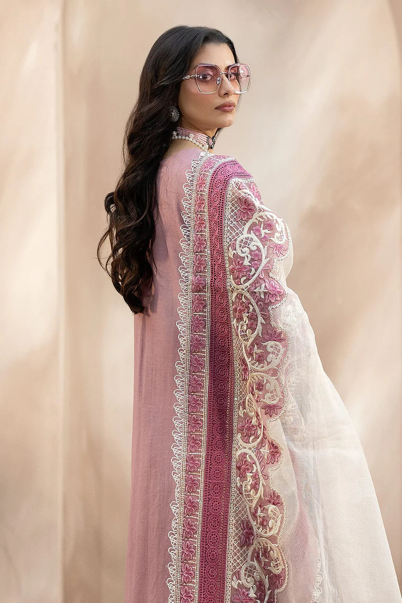 QALAMQAR-3PC CHIKANKAARI LAWN CUTWORK EMBROIDERED SHIRT WITH NET EMBROIDERED CUTWORK DUPATTA AND TROUSER-D-3599
