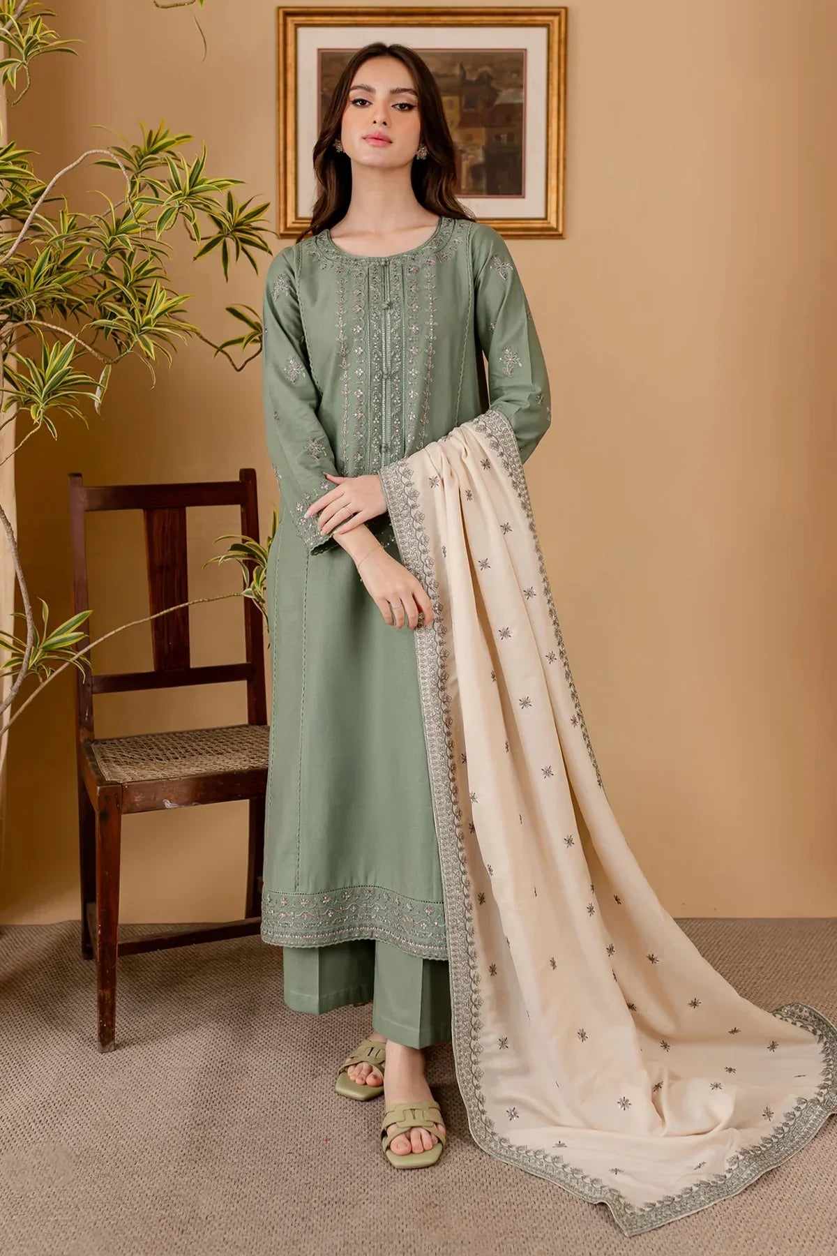BATIK - 3PC DHANAK EMBROIDERED SHIRT WITH DHANKEMBROIDERED DUPATTA AND TROUSER