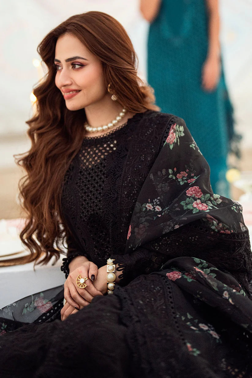 NUREH-3PC LAWN CHIKENKARI LASER EMBROIDERED SHIRT WITH ORGANZA EMBROIDERED PRINT DUPATTA-3667-EID FESTIVE