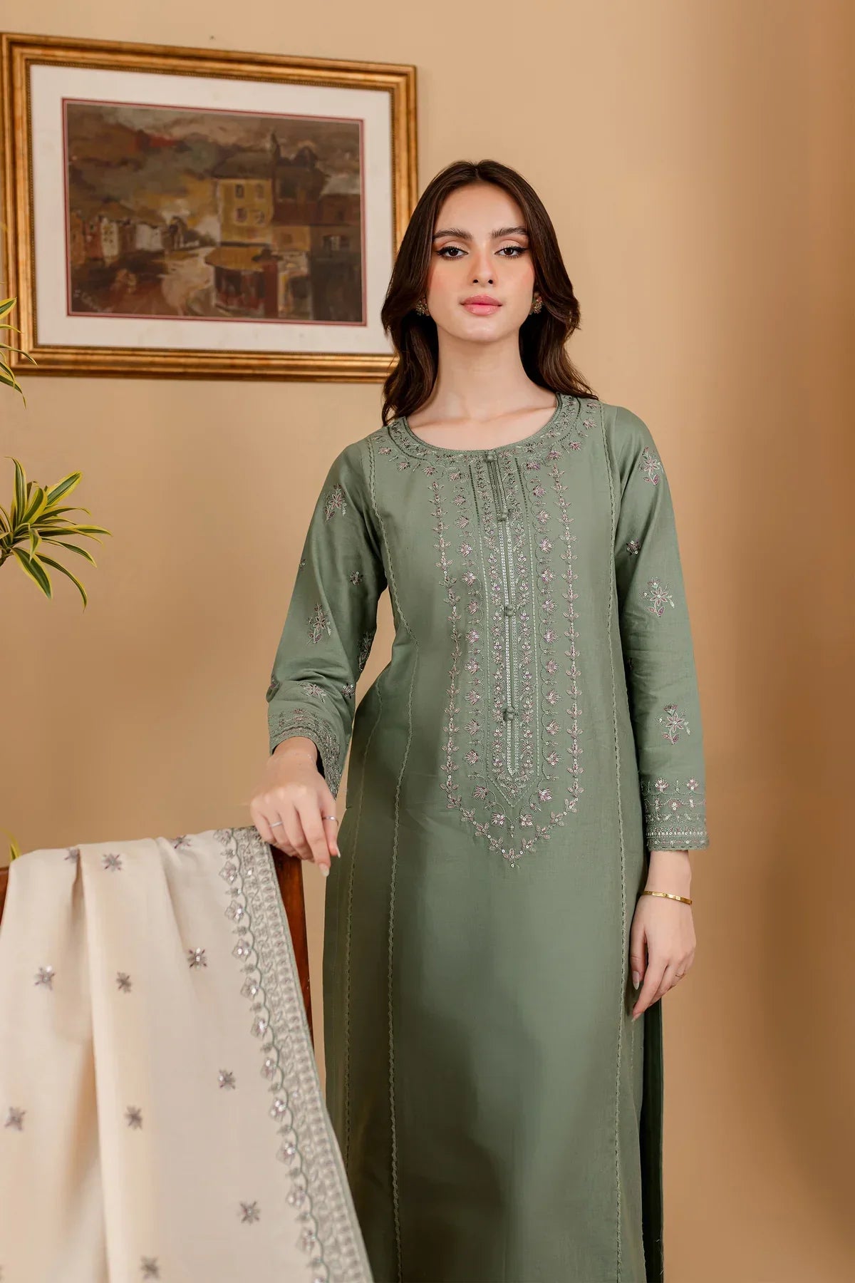 BATIK - 3PC DHANAK EMBROIDERED SHIRT WITH DHANKEMBROIDERED DUPATTA AND TROUSER