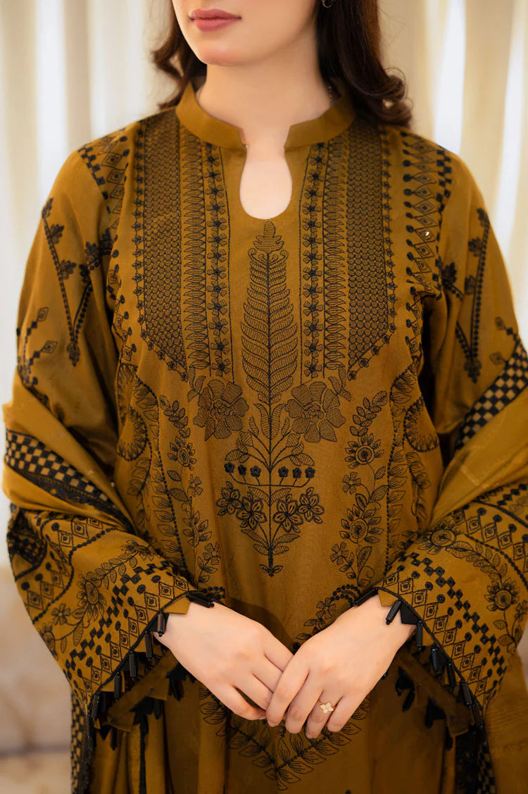 LIBAAS-3PC DHANAK EMBROIDERED SHIRT WITH DHANAK EMBROIDERED SHAWL & EMB TROUSER (UNSTITCHED)