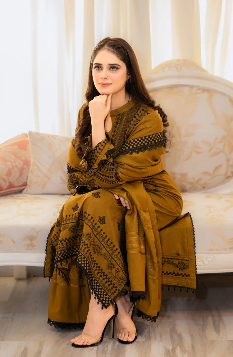 LIBAAS-3PC DHANAK EMBROIDERED SHIRT WITH DHANAK EMBROIDERED SHAWL & EMB TROUSER (UNSTITCHED)