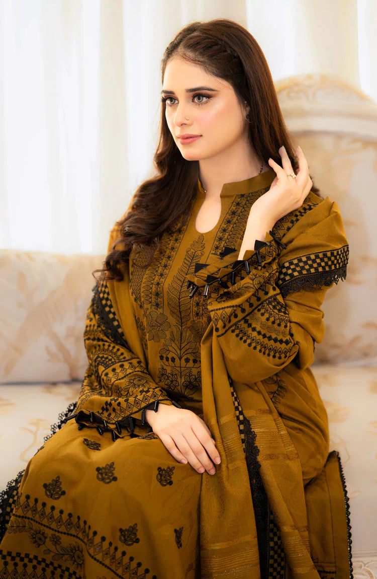LIBAAS-3PC DHANAK EMBROIDERED SHIRT WITH DHANAK EMBROIDERED SHAWL & EMB TROUSER (UNSTITCHED)