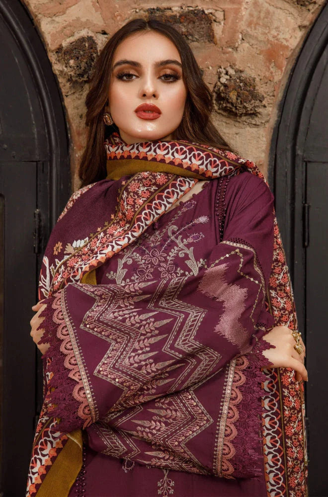 Maria B - 3PC Unstitched Dhanak Embroidered Shirt with Printed Shawl and Trouser