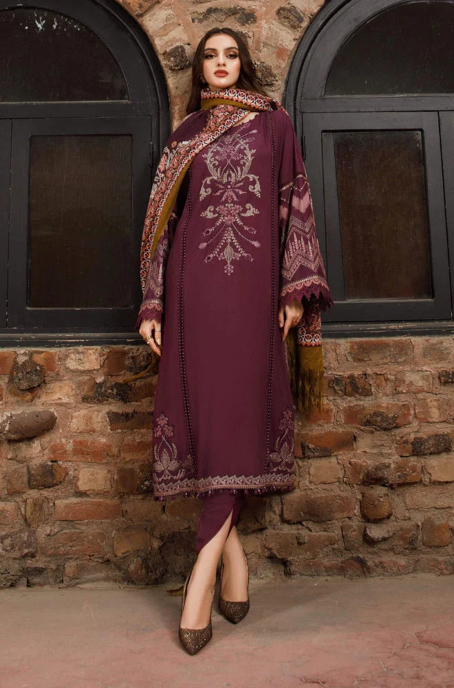 Maria B - 3PC Unstitched Dhanak Embroidered Shirt with Printed Shawl and Trouser