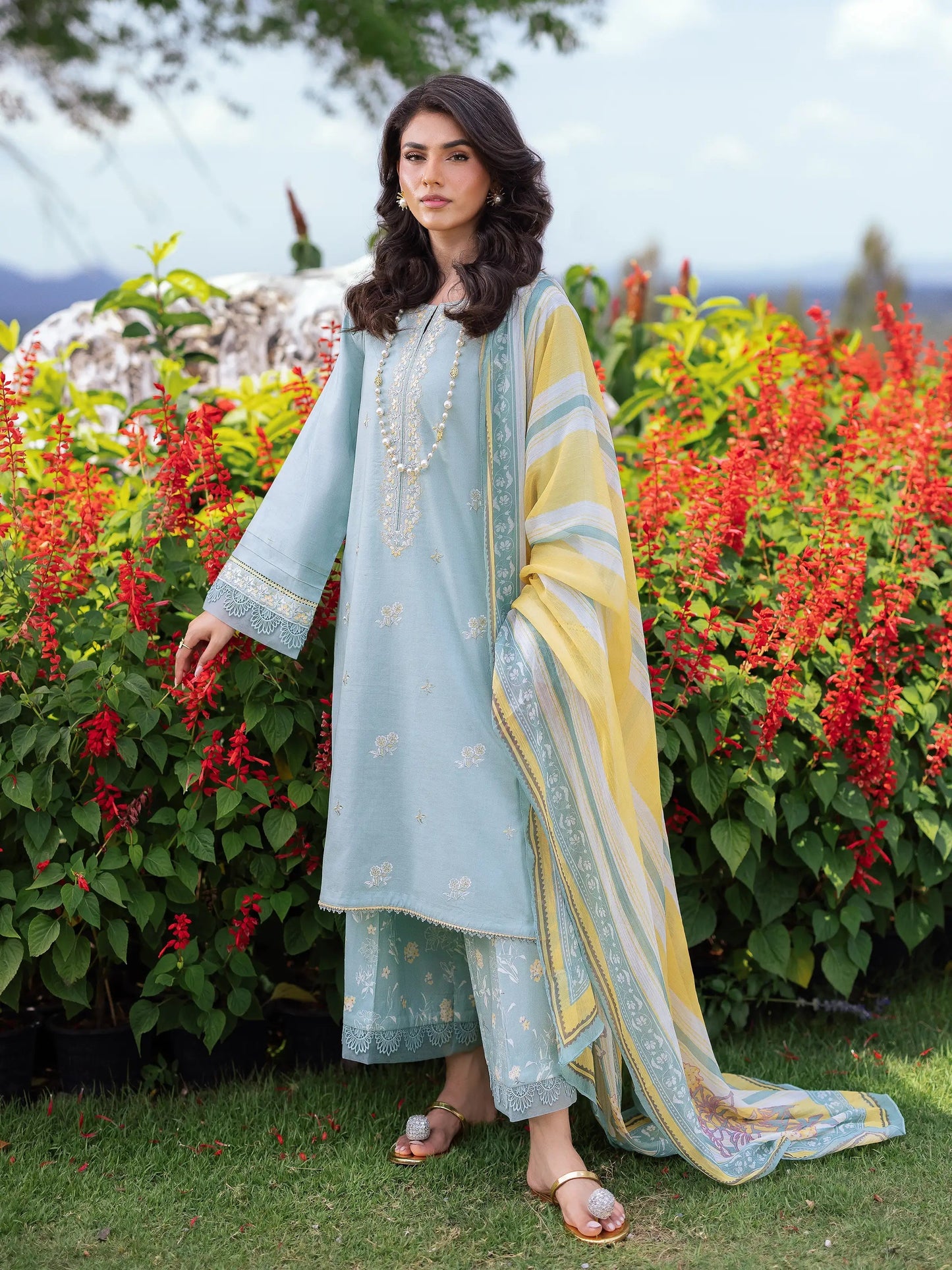 Edenrobe - 3PC Unstitched Dhanak Embroidered Shirt with Printed Wool Shawl and Embroidered Trouser
