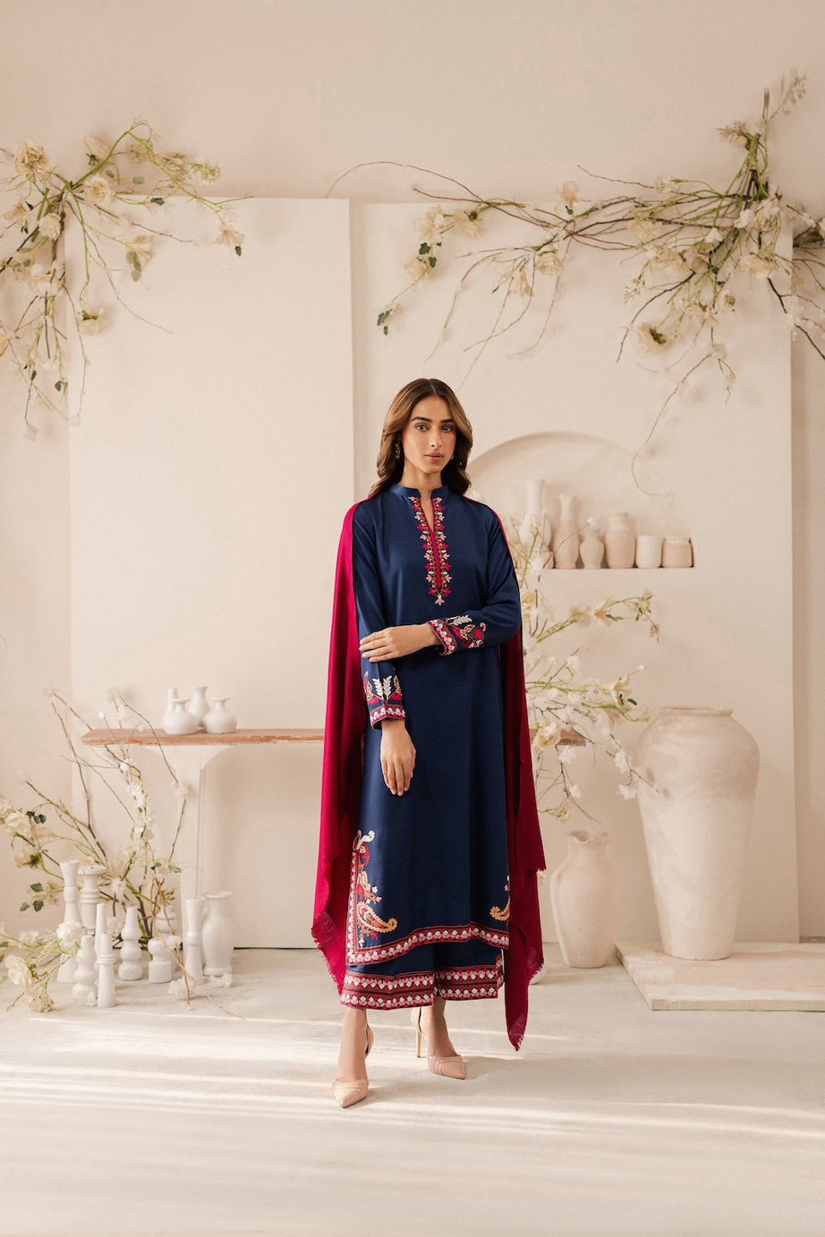 Vintage - 3PC DHANAK EMBROIDERED SHIRT WITH DHANAK SHAWL AND TROUSER (Unstitched)