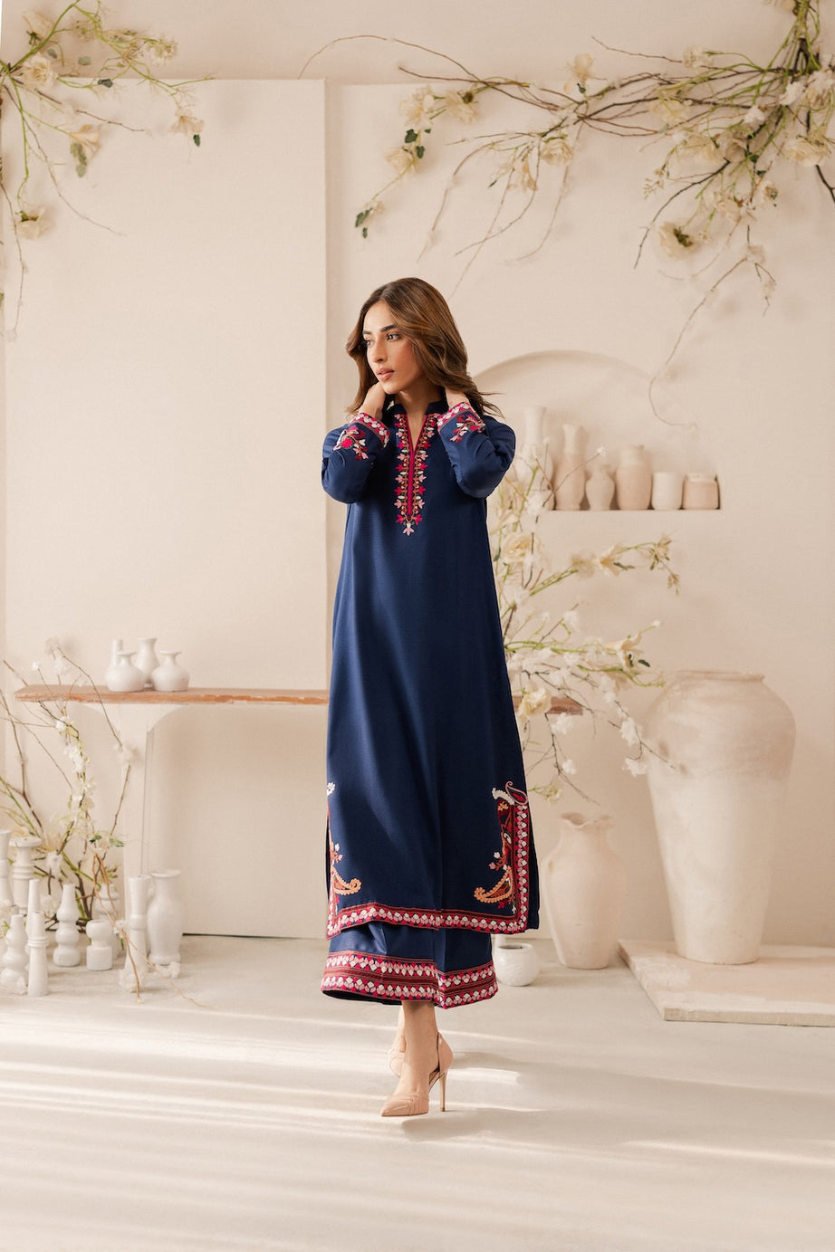 Vintage - 3PC DHANAK EMBROIDERED SHIRT WITH DHANAK SHAWL AND TROUSER (Unstitched)