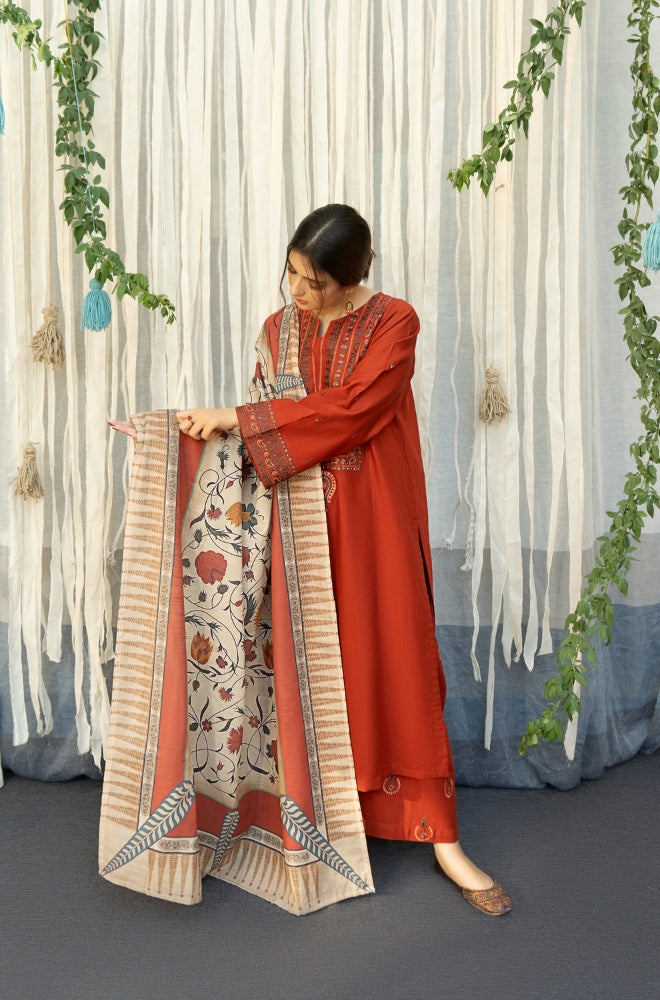 URGE - 3PC Unstitched Dhanak Embroidered Shirt with Digital Printed Pashmina Wool Shawl and Embroidered Trouser