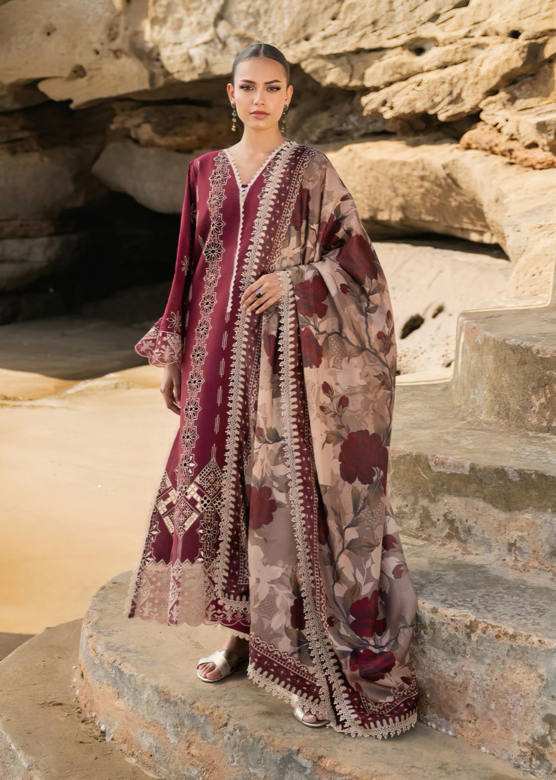Zainab Chottani - 3PC Lawn Chickenkari Emb Shirt With Embroidered Sleeves With Digital Printed Dupatta