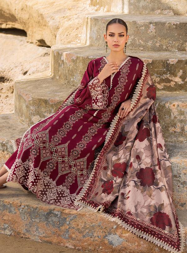 Zainab Chottani - 3PC Lawn Chickenkari Emb Shirt With Embroidered Sleeves With Digital Printed Dupatta