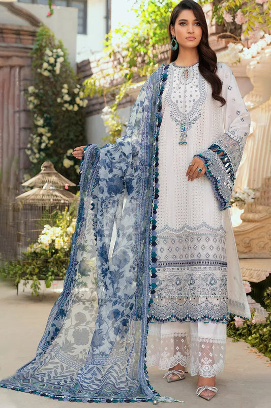 MARIA B - 3PC CHIKENKARI LAWN EMBROIDERED SHIRT WITH MONARK PRINT DUPATTA- D-3525