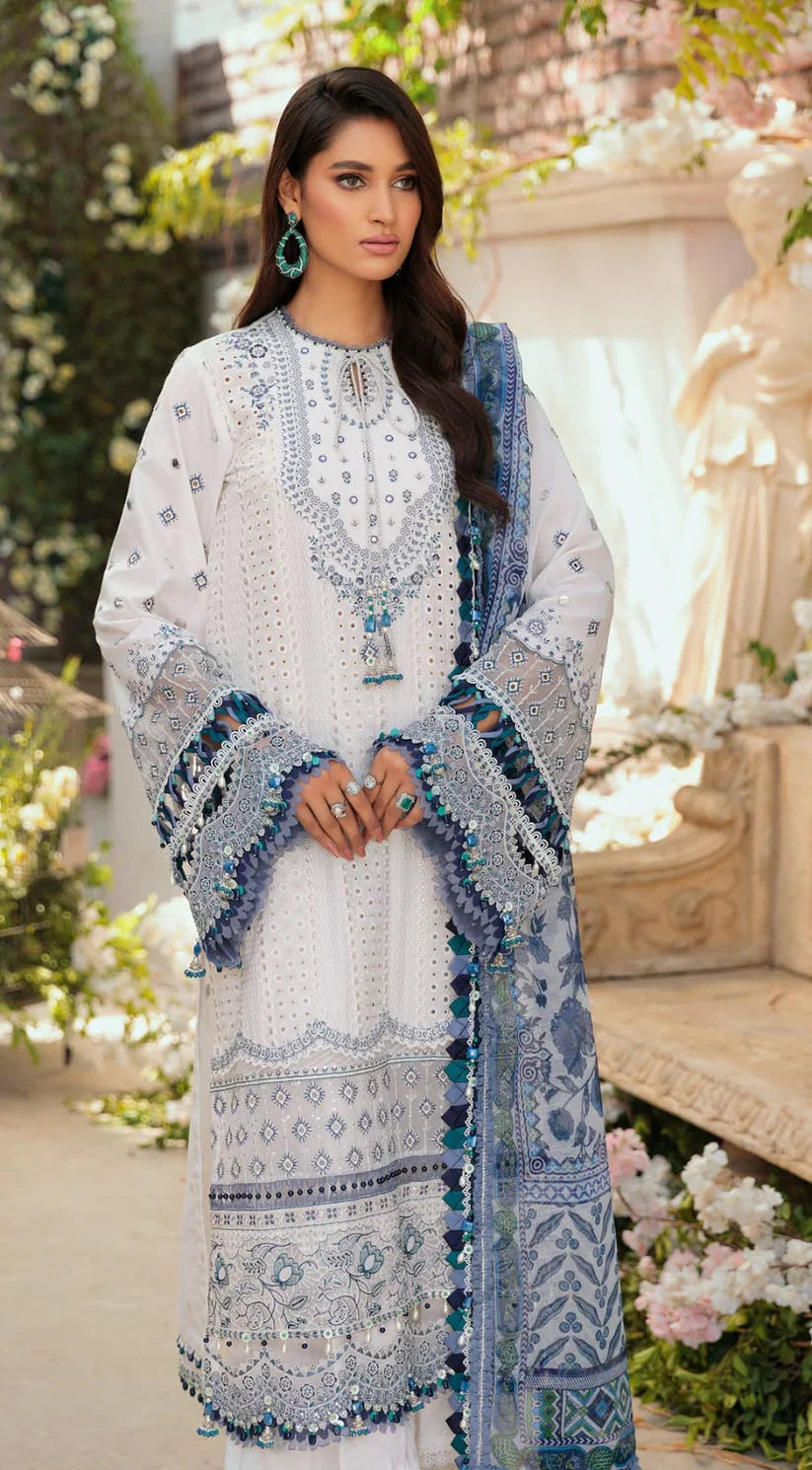 MARIA B - 3PC CHIKENKARI LAWN EMBROIDERED SHIRT WITH MONARK PRINT DUPATTA- D-3525