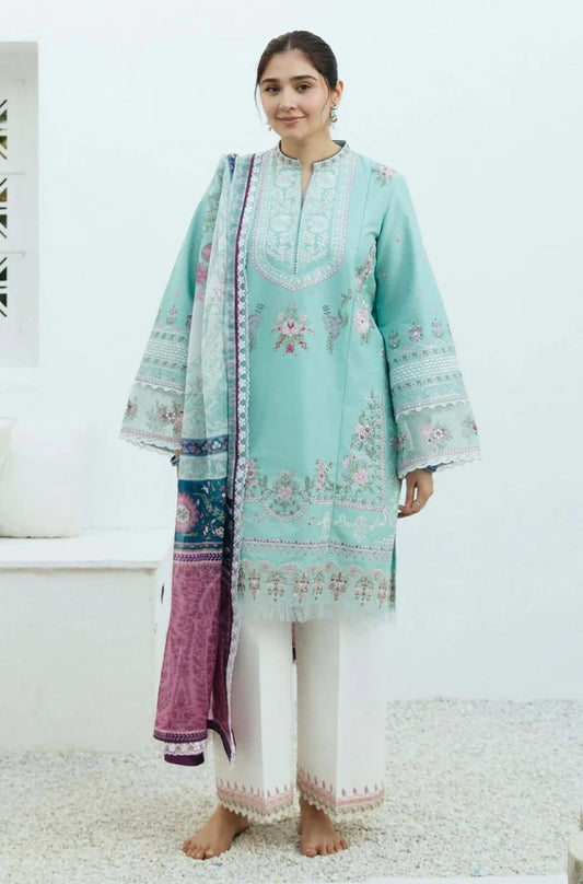 Zara Shah Jahan - 3PC Unstitched Lawn Embroidered Shirt with Digital Printed Cotton Net Dupatta and Embroidered Trousers