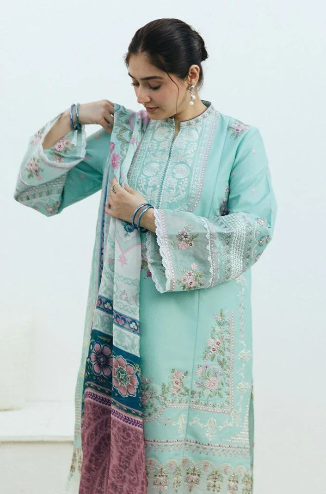 Zara Shah Jahan - 3PC Unstitched Lawn Embroidered Shirt with Digital Printed Cotton Net Dupatta and Embroidered Trousers