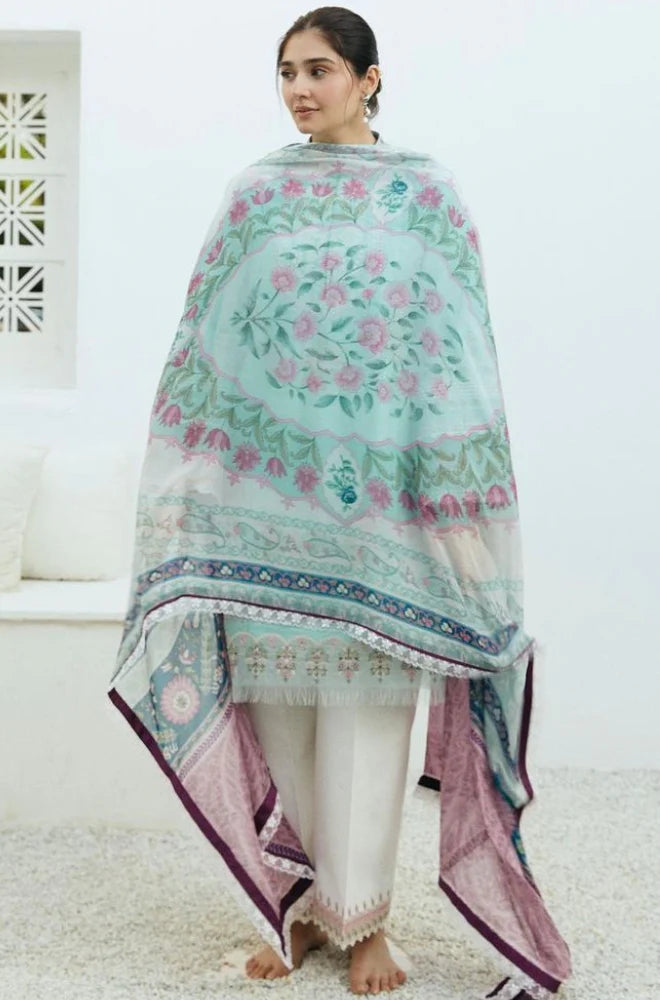 Zara Shah Jahan - 3PC Unstitched Lawn Embroidered Shirt with Digital Printed Cotton Net Dupatta and Embroidered Trousers