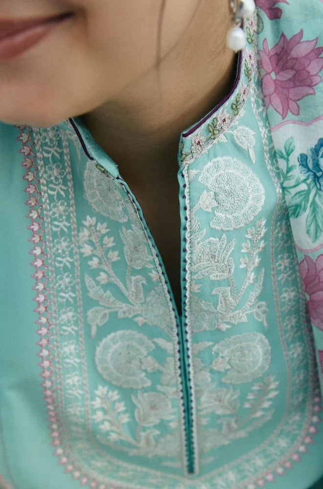 Zara Shah Jahan - 3PC Unstitched Lawn Embroidered Shirt with Digital Printed Cotton Net Dupatta and Embroidered Trousers