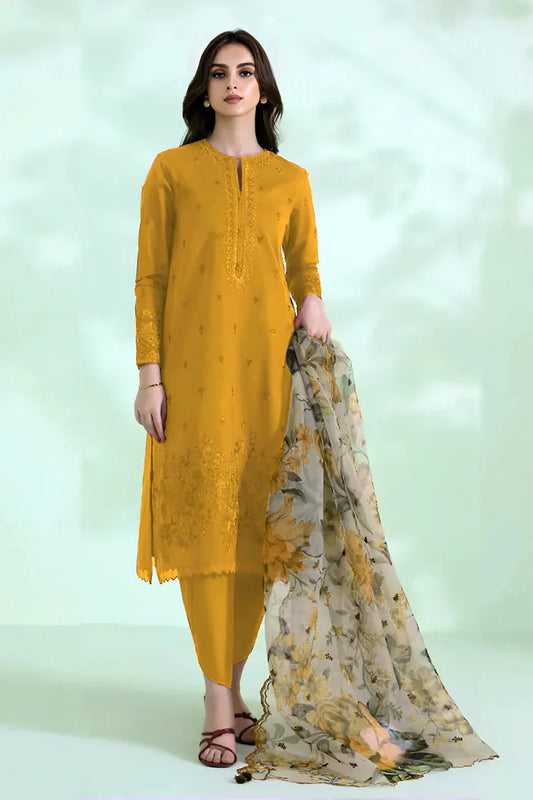 SAPPHIRE - 3PC LAWN EMBROIDERED SHIRT WITH MONARK PRINT DUPATTA- D-3526-MASTARD