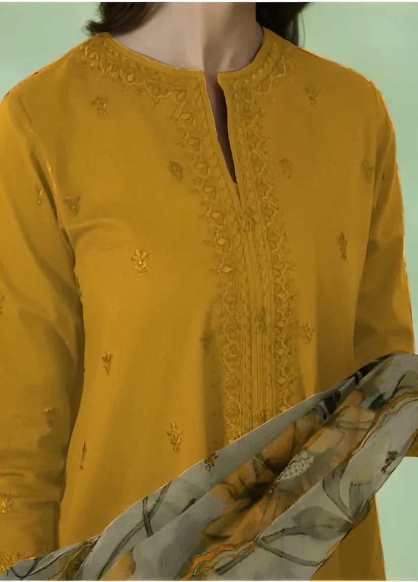 SAPPHIRE - 3PC LAWN EMBROIDERED SHIRT WITH MONARK PRINT DUPATTA- D-3526-MASTARD
