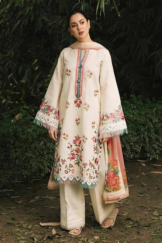 ZAHRA SHAHJAHAN- 3PC LAWN EMBROIDERED SHIRT WITH MONARK PRINT DUPATTA-D-3529