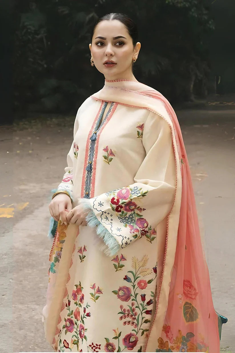 ZAHRA SHAHJAHAN- 3PC LAWN EMBROIDERED SHIRT WITH MONARK PRINT DUPATTA-D-3529