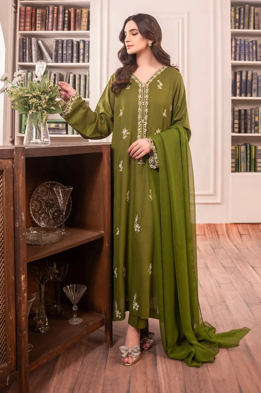 Asim Jofa-Lawn 3pc Embroidered Shirt With Bamber Chiffon Dupatta & Trouser-D-3575
