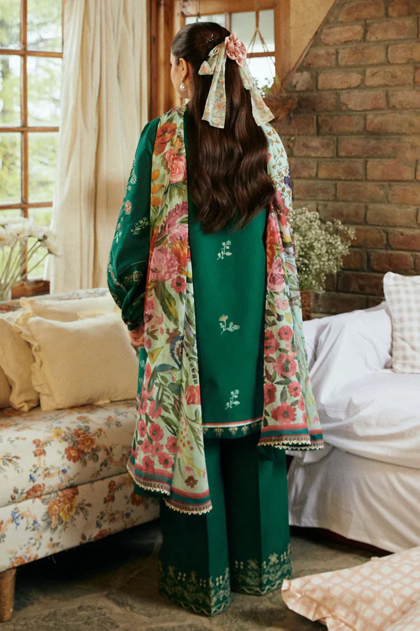 ZARA SHAHJAHAN-3PC LAWN EMBROIDERED SHIRT WITH MONARK PRINT DUPATTA & EMBROIDERED TROUSER-D-3545