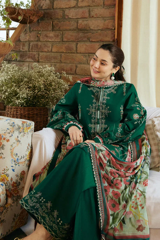 ZARA SHAHJAHAN-3PC LAWN EMBROIDERED SHIRT WITH MONARK PRINT DUPATTA & EMBROIDERED TROUSER-D-3545