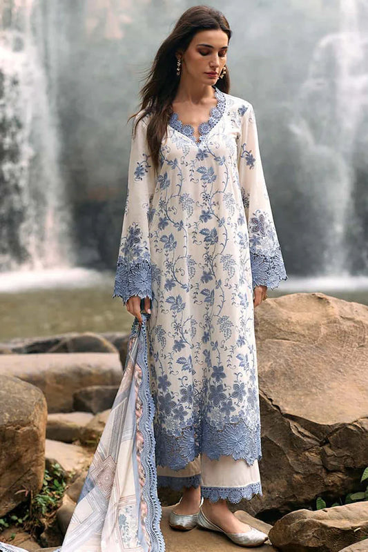 IMAGE-3PC LAWN EMBROIDERED SHIRT WITH MONARK PRINT DUPATTA & LAWN TROUSER-D-3597