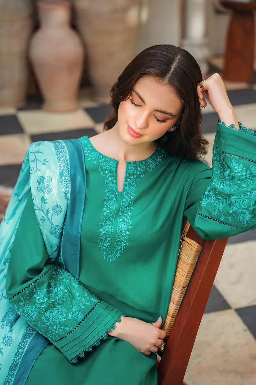 ZIVA-3PC LAWN EMBROIDERED SHIRT WITH MONARK PRINTED DUPATTA AND TROUSER-D-3539