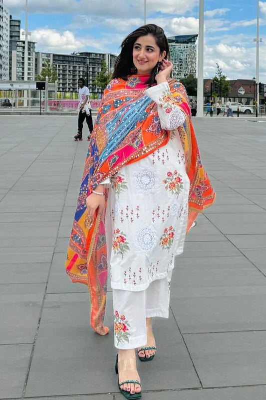 NIMRA MEHRA-3PC LAWN EMBROIDERED SHIRT WITH MONARK PRINTED DUPATTA & EMB TROUSER-D-3624