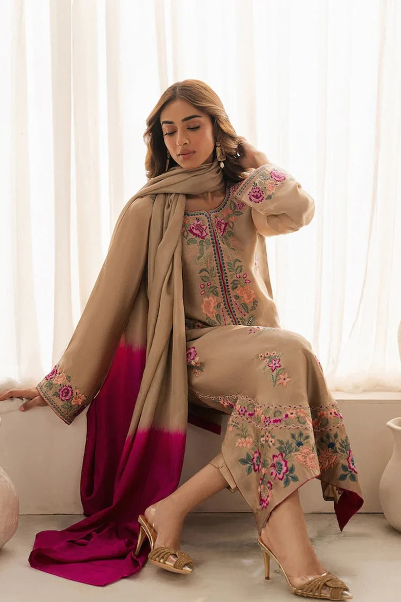 VINTAGE-3PC LAWN EMBROIDERED SHIRT WITH DYE & DYE CHIFFON DUPATTA AND TROUSER-D-3637