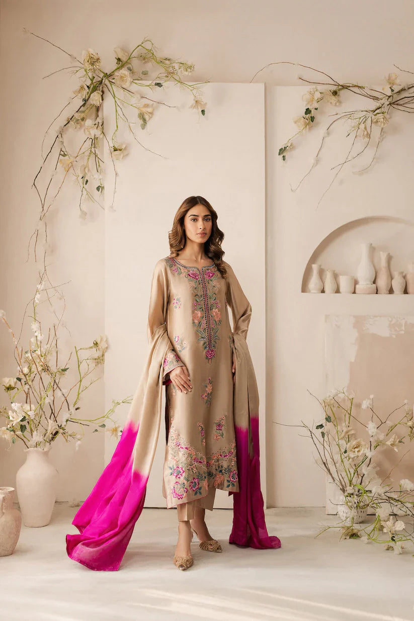 VINTAGE-3PC LAWN EMBROIDERED SHIRT WITH DYE & DYE CHIFFON DUPATTA AND TROUSER-D-3637