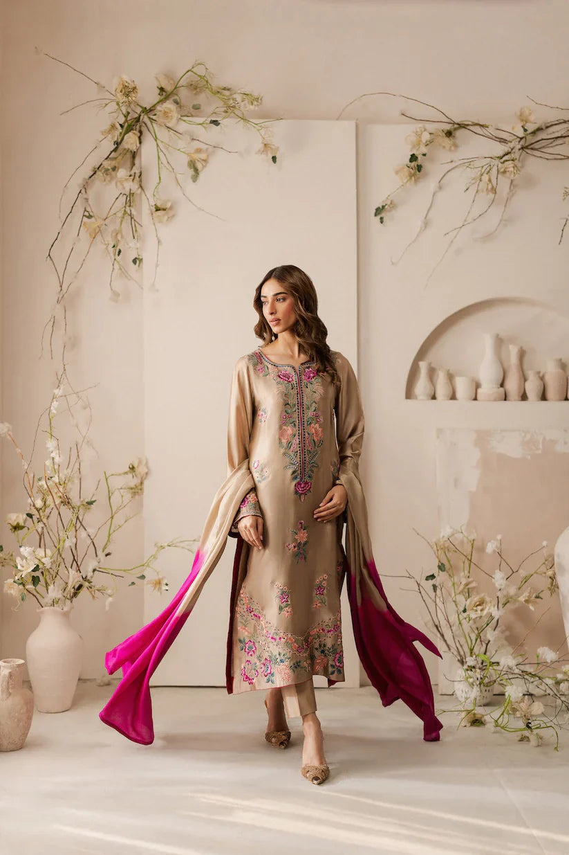 VINTAGE-3PC LAWN EMBROIDERED SHIRT WITH DYE & DYE CHIFFON DUPATTA AND TROUSER-D-3637