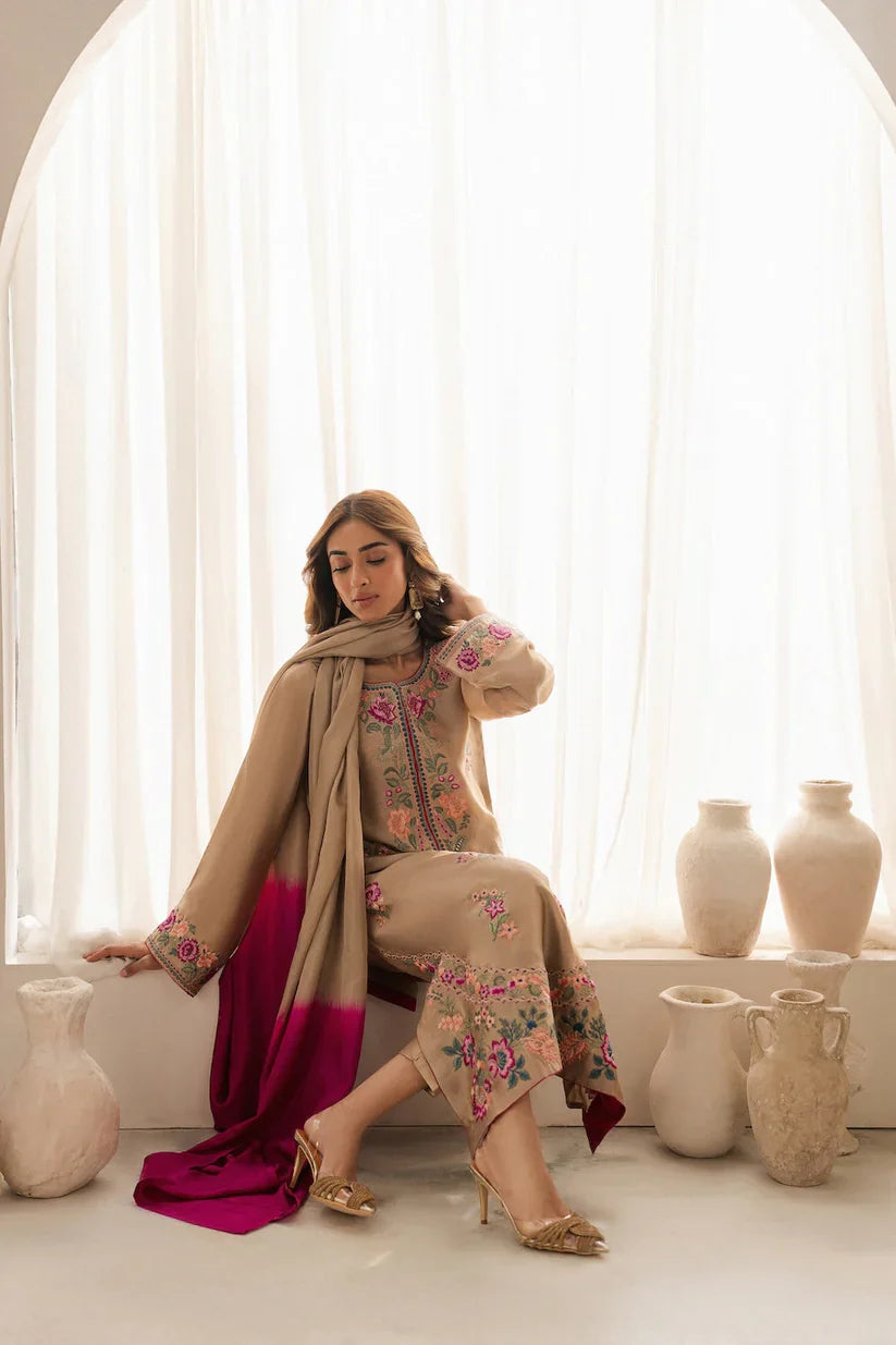 VINTAGE-3PC LAWN EMBROIDERED SHIRT WITH DYE & DYE CHIFFON DUPATTA AND TROUSER-D-3637