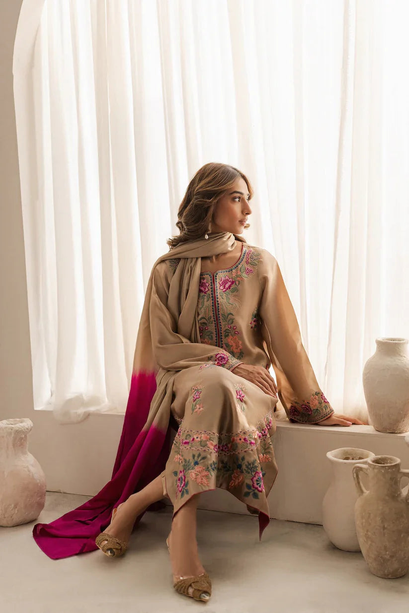VINTAGE-3PC LAWN EMBROIDERED SHIRT WITH DYE & DYE CHIFFON DUPATTA AND TROUSER-D-3637