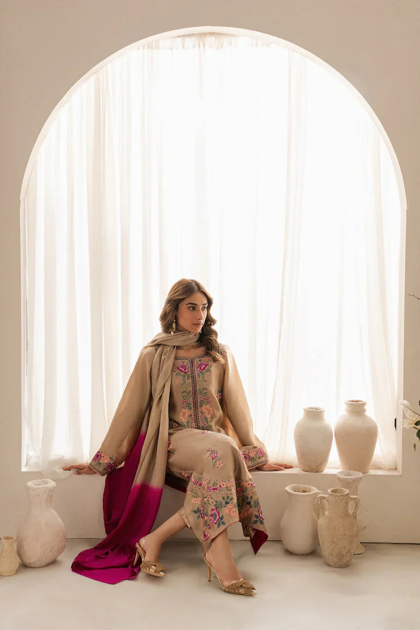 VINTAGE-3PC LAWN EMBROIDERED SHIRT WITH DYE & DYE CHIFFON DUPATTA AND TROUSER-D-3637