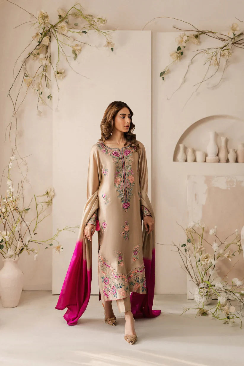 VINTAGE-3PC LAWN EMBROIDERED SHIRT WITH DYE & DYE CHIFFON DUPATTA AND TROUSER-D-3637