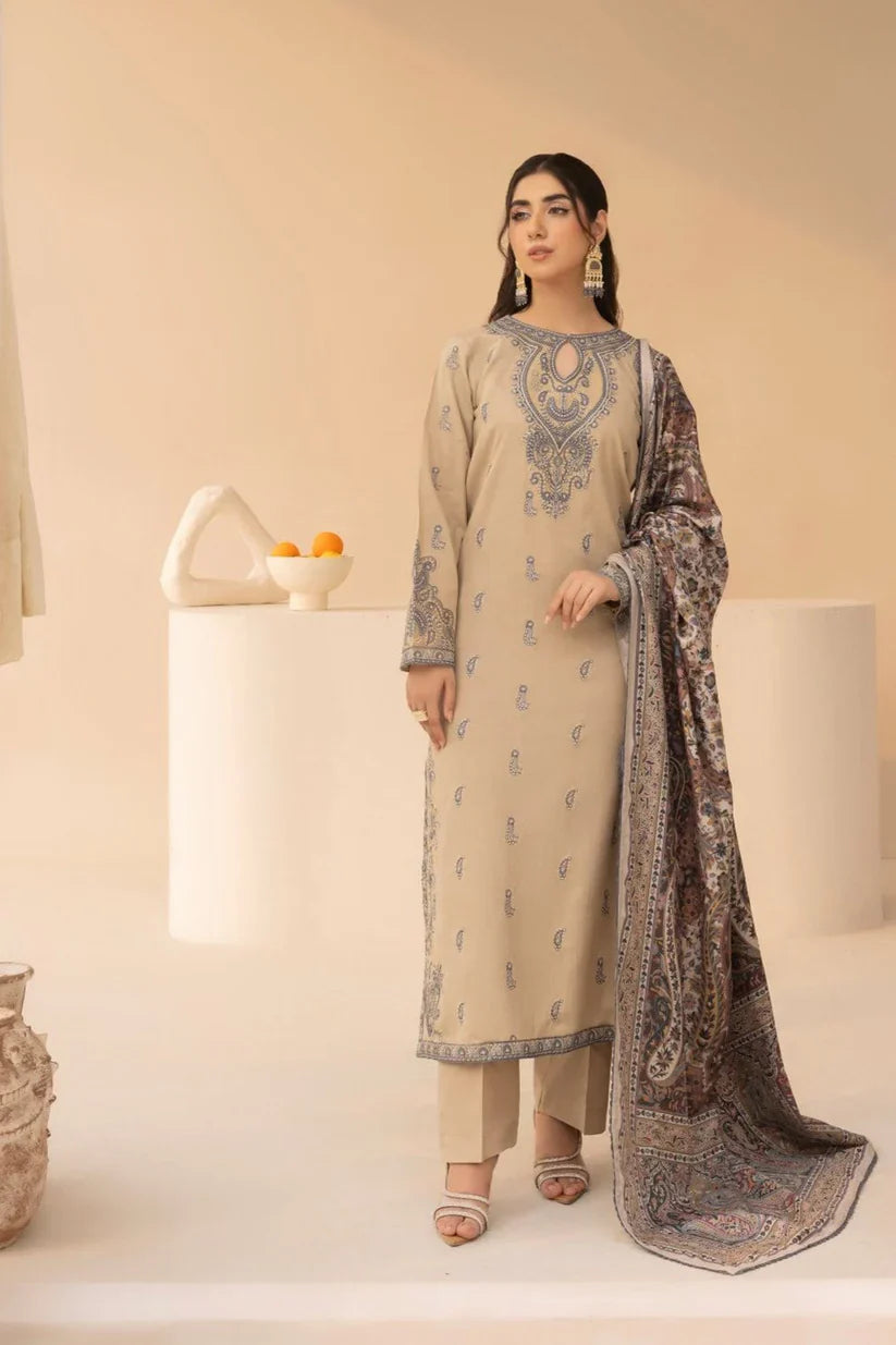 MOHAGNI.-3PC LAWN EMBROIDERED SHIRT WITH MONARK PRINT DUPATTA AND TROUSER-D-3641
